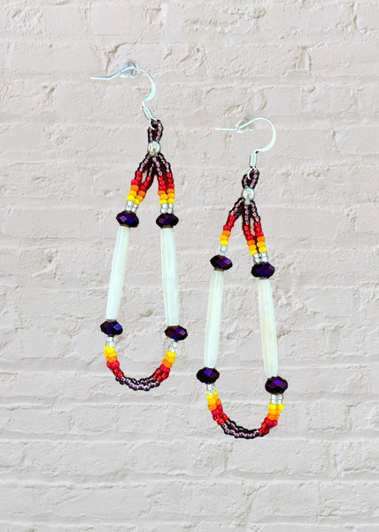 Bone and Bead Earrings - Purple with Firecolors