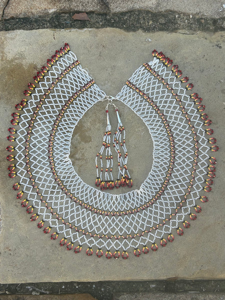 White and Fire Color Collared Necklace and Matching Earrings Made by Irene Creek