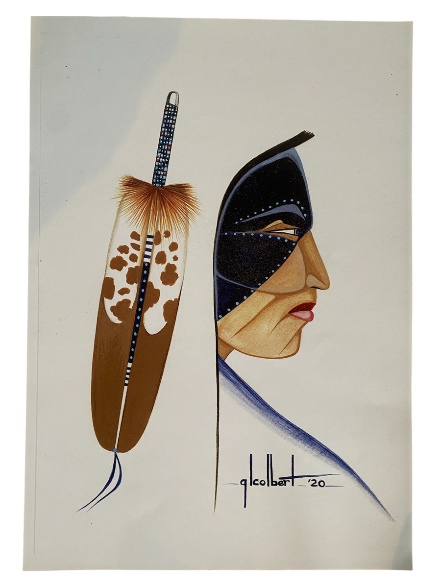 'Profile in Blue' print by mvskoke artist Gary Colbert – Redstick Gallery