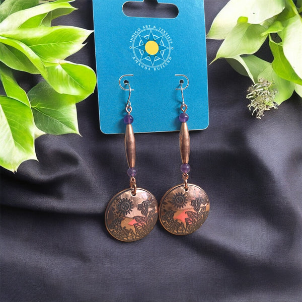 Tobacco flower earrings with amethyst & copper beads. Made By Mvskoke Artist, Amanda Rutland
