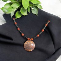 Cox mound necklace with red Jasper & obsidian. Made By Mvskoke Artist, Amanda Rutland