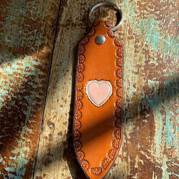 Burnt Orange and Red Leather Key Fob, Key Chain, Stainless Steel